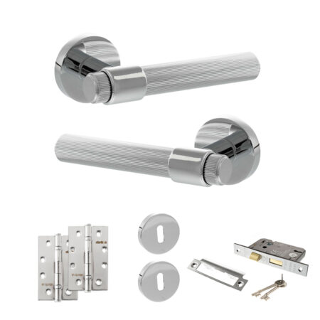 Senza Pari Fasana Door Handle Pack (3 Lever Lock Set - 3" CE Sashlock, 4" Slim Knuckle Hinges x2) - Polished Chrome