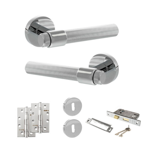 Senza Pari Fasana Door Handle Pack (3 Lever Lock Set - 3" CE Sashlock, 4" Slim Knuckle Hinges x2) - Polished Chrome