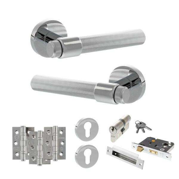 Senza Pari Fasana Door Handle Pack (Euro Lock Set - 2.5" CE Sashlock, 3" Fire Rated Hinges x3) - Polished Chrome