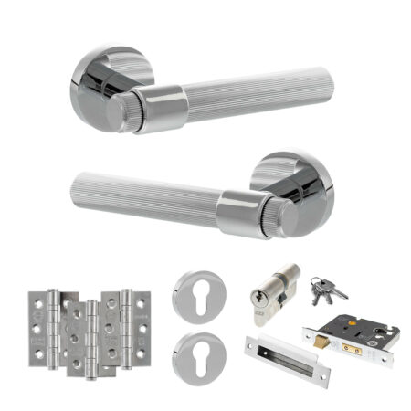 Senza Pari Fasana Door Handle Pack (Euro Lock Set - 3" CE Sashlock, 3" Fire Rated Hinges x3) - Polished Chrome