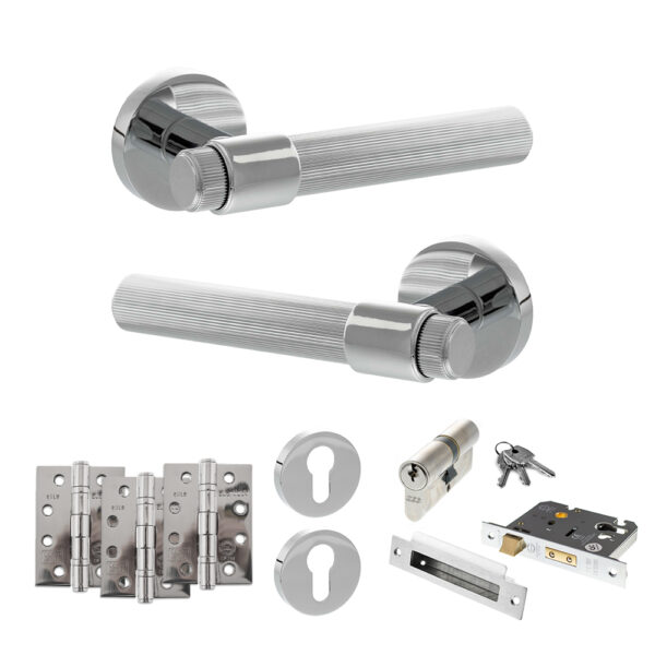 Senza Pari Fasana Door Handle Pack (Euro Lock Set - 2.5" CE Sashlock, 4" Fire Rated Hinges x3) - Polished Chrome