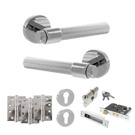 Senza Pari Fasana Door Handle Pack (Euro Lock Set - 3" CE Sashlock, 4" Fire Rated Hinges x3) - Polished Chrome