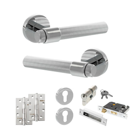 Senza Pari Fasana Door Handle Pack (Euro Lock Set - 2.5" CE Sashlock, 4" Slim Knuckle Hinges x2) - Polished Chrome