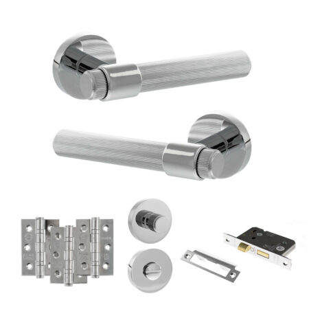 Senza Pari Fasana Door Handle Pack (Bathroom Set - 2.5" CE Bathroom Lock, 3" Fire Rated Hinges x3) - Polished Chrome