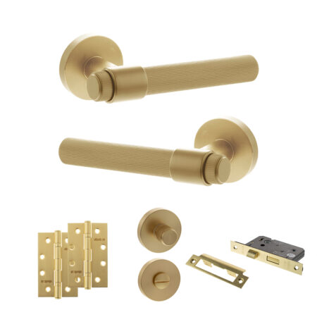 Senza Pari Fasana Door Handle Pack (Bathroom Set - 3" CE Bathroom Lock, 4" Slim Knuckle Hinges x2) - Satin Brass