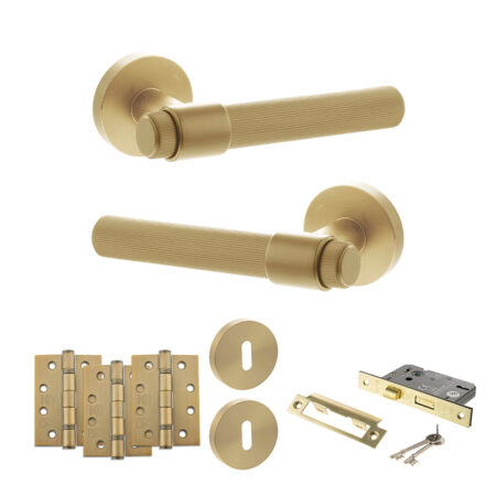 Senza Pari Fasana Door Handle Pack (3 Lever Lock Set - 3" CE Sashlock, 4" Fire Rated Hinges x3) - Satin Brass