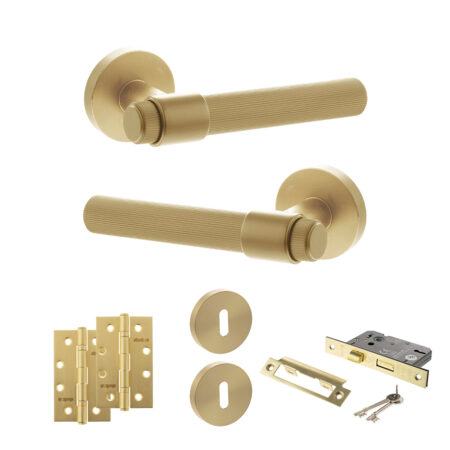 Senza Pari Fasana Door Handle Pack (3 Lever Lock Set - 2.5" CE Sashlock, 4" Slim Knuckle Hinges x2) - Satin Brass