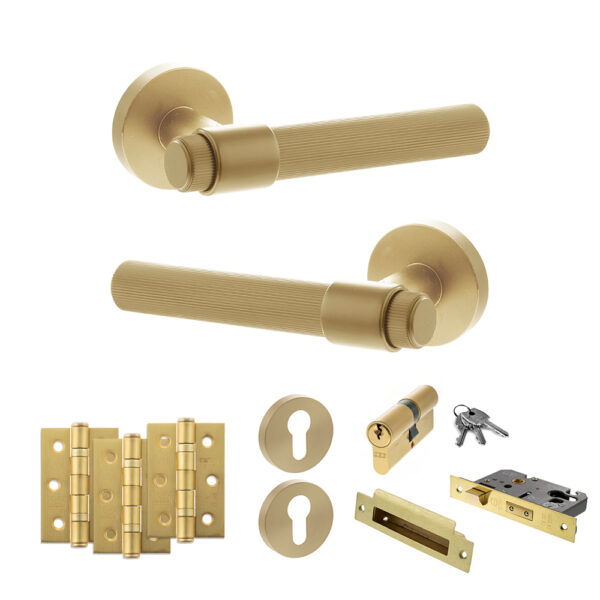 Senza Pari Fasana Door Handle Pack (Euro Lock Set - 3" CE Sashlock, 3" Fire Rated Hinges x3) - Satin Brass