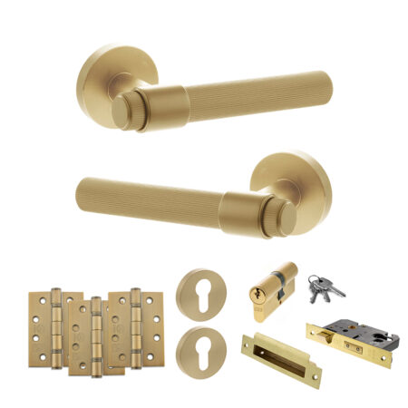 Senza Pari Fasana Door Handle Pack (Euro Lock Set - 3" CE Sashlock, 4" Fire Rated Hinges x3) - Satin Brass