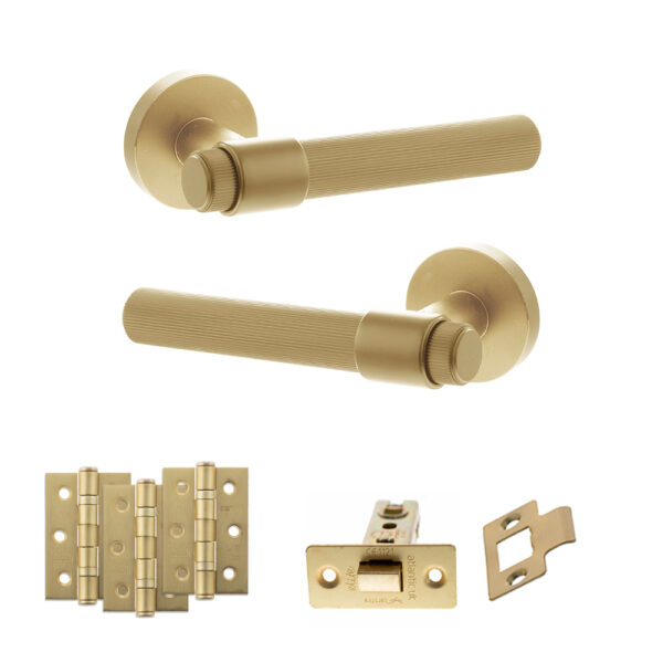 Senza Pari Fasana Door Handle Pack (Latch Set - 3" CE Latch, 3" Fire Rated Hinges x3) - Satin Brass