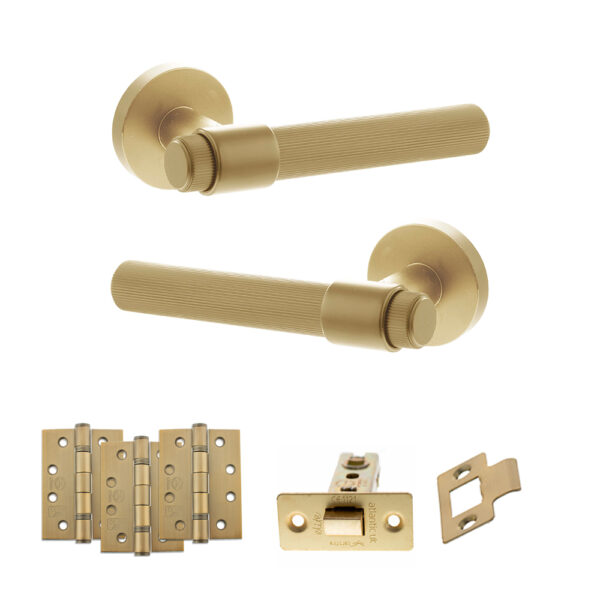 Senza Pari Fasana Door Handle Pack (Latch Set - 3" CE Latch, 4" Fire Rated Hinges x3) - Satin Brass