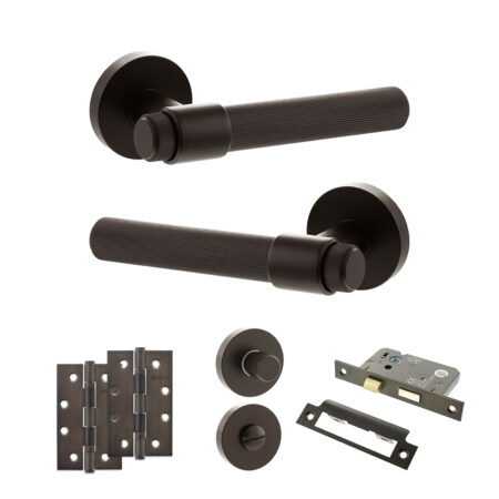 Senza Pari Fasana Door Handle Pack (Bathroom Set - 2.5" CE Bathroom Lock, 4" Slim Knuckle Hinges x2) - Urban Dark Bronze
