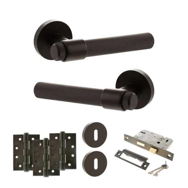 Senza Pari Fasana Door Handle Pack (3 Lever Lock Set - 3" CE Sashlock, 4" Fire Rated Hinges x3) - Urban Dark Bronze