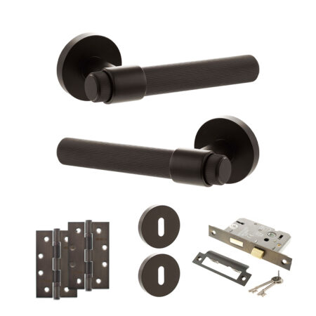 Senza Pari Fasana Door Handle Pack (3 Lever Lock Set - 3" CE Sashlock, 4" Slim Knuckle Hinges x2) - Urban Dark Bronze