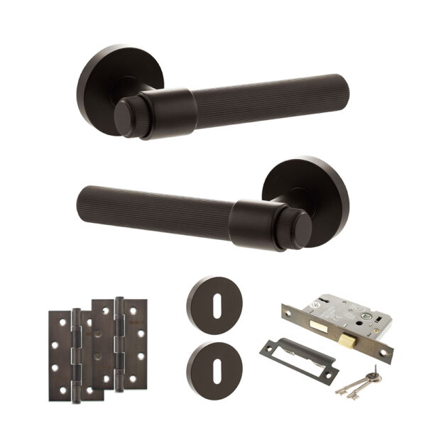 Senza Pari Fasana Door Handle Pack (3 Lever Lock Set - 3" CE Sashlock, 4" Slim Knuckle Hinges x2) - Urban Dark Bronze