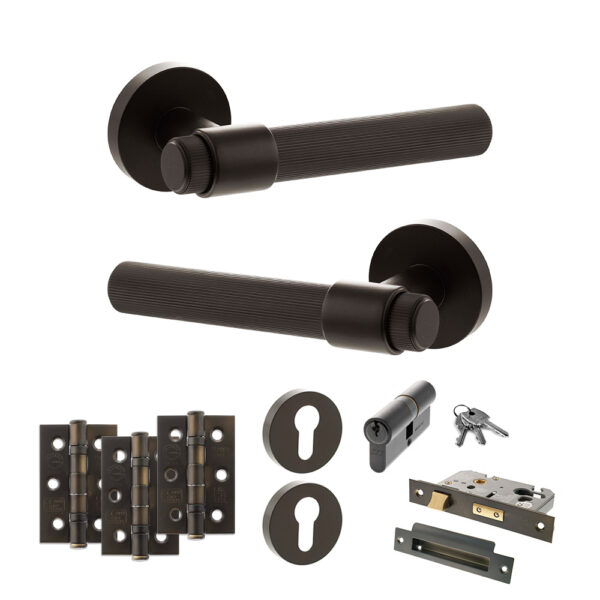 Senza Pari Fasana Door Handle Pack (Euro Lock Set - 2.5" CE Sashlock, 3" Fire Rated Hinges x3) - Urban Dark Bronze