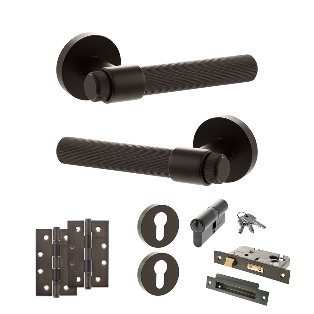 ADPSPR165UDB25_SENZA20PARI20FASANA20URBAN20DARK20BRONZE.jpg Atlantic Senza Pari Fasana Door Handle Pack (Euro Lock Set - 3" CE Sashlock, 4" Slim Knuckle Hinges x2) - Urban Dark Bronze - Image 1