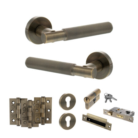 Senza Pari Rosarno Door Handle Pack (Euro Lock Set - 3" CE Sashlock, 3" Fire Rated Hinges x3) - Antique Brass