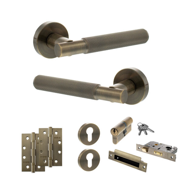 Senza Pari Rosarno Door Handle Pack (Euro Lock Set - 3" CE Sashlock, 4" Slim Knuckle Hinges x2) - Antique Brass