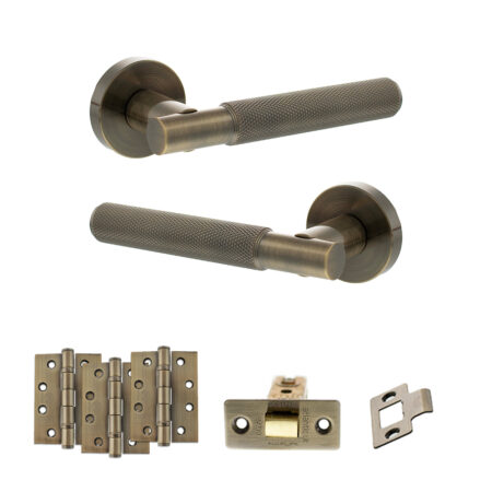Senza Pari Rosarno Door Handle Pack (Latch Set - 2.5" CE Latch, 4" Fire Rated Hinges x3) - Antique Brass