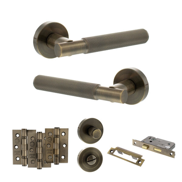 Senza Pari Rosarno Door Handle Pack (Bathroom Set - 2.5" CE Bathroom Lock, 3" Fire Rated Hinges x3) - Antique Brass