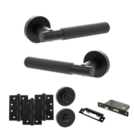 Senza Pari Rosarno Door Handle Pack (Bathroom Set - 3" CE Bathroom Lock, 4" Fire Rated Hinges x3) - Matt Black