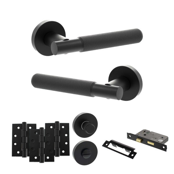 Senza Pari Rosarno Door Handle Pack (Bathroom Set - 3" CE Bathroom Lock, 4" Fire Rated Hinges x3) - Matt Black