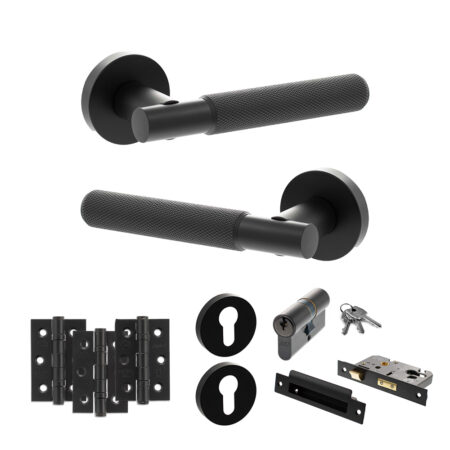 Senza Pari Rosarno Door Handle Pack (Euro Lock Set - 2.5" CE Sashlock, 3" Fire Rated Hinges x3) - Matt Black