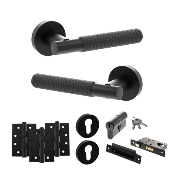 Senza Pari Rosarno Door Handle Pack (Euro Lock Set - 2.5" CE Sashlock, 4" Fire Rated Hinges x3) - Matt Black
