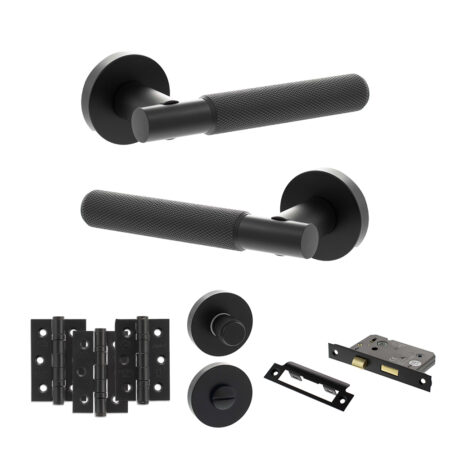 Senza Pari Rosarno Door Handle Pack (Bathroom Set - 3" CE Bathroom Lock, 3" Fire Rated Hinges x3) - Matt Black