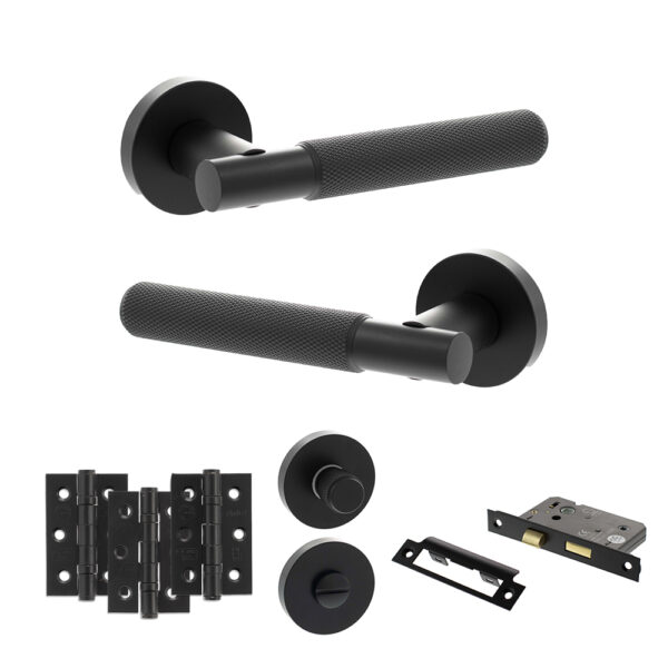 Senza Pari Rosarno Door Handle Pack (Bathroom Set - 3" CE Bathroom Lock, 3" Fire Rated Hinges x3) - Matt Black