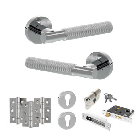 Senza Pari Rosarno Door Handle Pack (Euro Lock Set - 2.5" CE Sashlock, 3" Fire Rated Hinges x3) - Polished Chrome