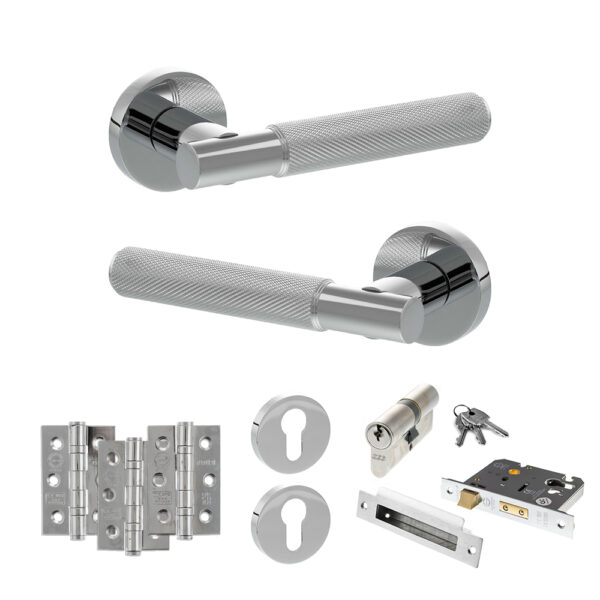 Senza Pari Rosarno Door Handle Pack (Euro Lock Set - 2.5" CE Sashlock, 3" Fire Rated Hinges x3) - Polished Chrome