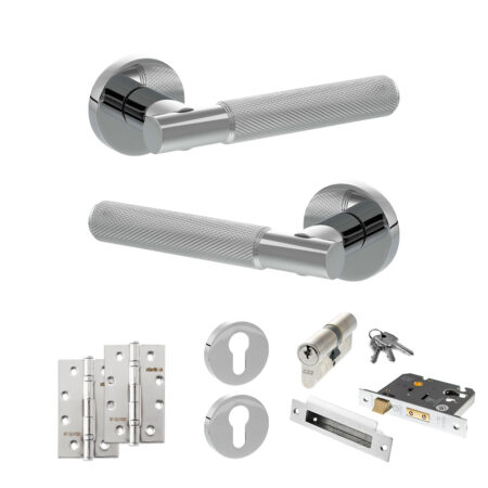 Senza Pari Rosarno Door Handle Pack (Euro Lock Set - 2.5" CE Sashlock, 4" Slim Knuckle Hinges x2) - Polished Chrome