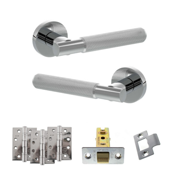 Senza Pari Rosarno Door Handle Pack (Latch Set - 3" CE Latch, 4" Fire Rated Hinges x3) - Polished Chrome