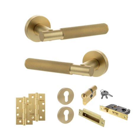 Atlantic Senza Pari Rosarno Door Handle Pack (Euro Lock Set - 3" CE Sashlock, 4" Slim Knuckle Hinges x2) - Satin Brass