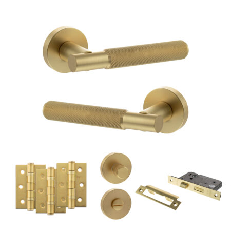 Senza Pari Rosarno Door Handle Pack (Bathroom Set - 3" CE Bathroom Lock, 3" Fire Rated Hinges x3) - Satin Brass