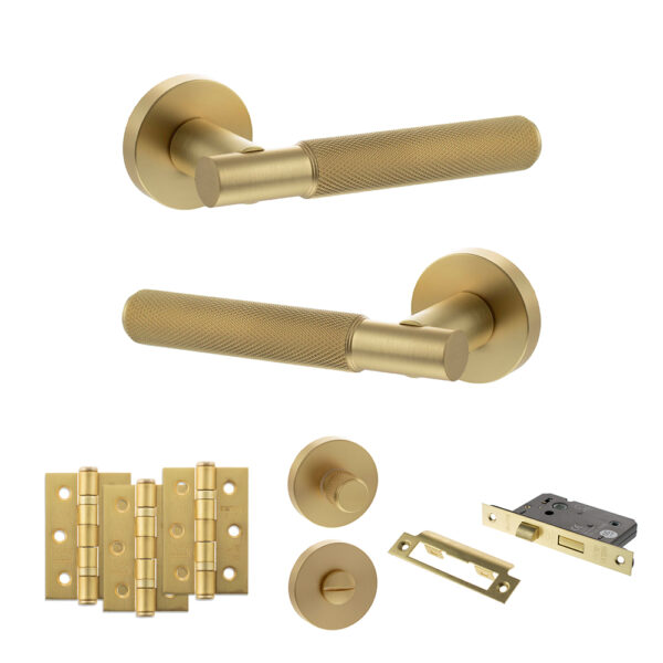 Senza Pari Rosarno Door Handle Pack (Bathroom Set - 3" CE Bathroom Lock, 3" Fire Rated Hinges x3) - Satin Brass