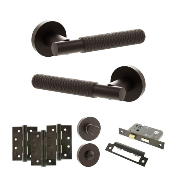 Senza Pari Rosarno Door Handle Pack (Bathroom Set - 2.5" CE Bathroom Lock, 4" Fire Rated Hinges x3) - Urban Dark Bronze