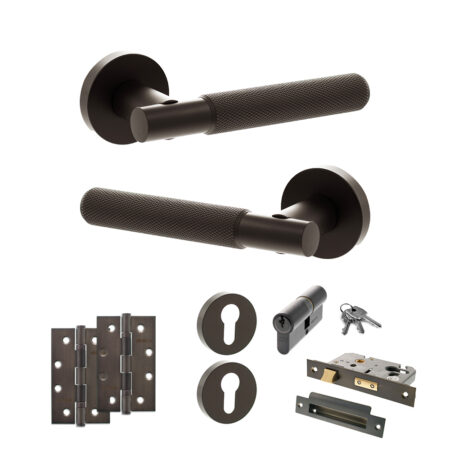 Senza Pari Rosarno Door Handle Pack (Euro Lock Set - 3" CE Sashlock, 4" Slim Knuckle Hinges x2) - Urban Dark Bronze