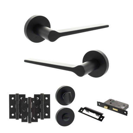 Atlantic Senza Pari Laviano Door Handle Pack (Bathroom Set - 3" CE Bathroom Lock, 3" Fire Rated Hinges x3) - Matt Black