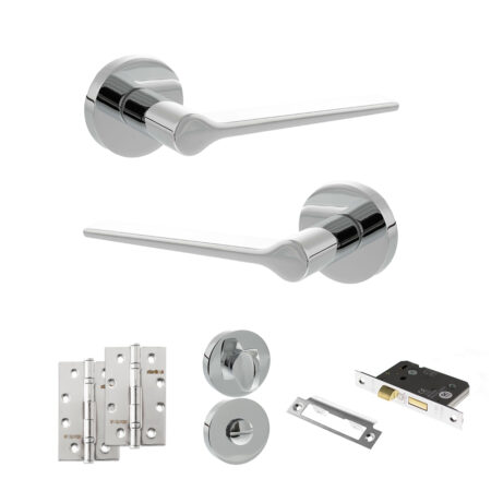 Atlantic Senza Pari Laviano Door Handle Pack (Bathroom Set - 3" CE Bathroom Lock, 4" Slim Knuckle Hinges x2) - Polished Chrome