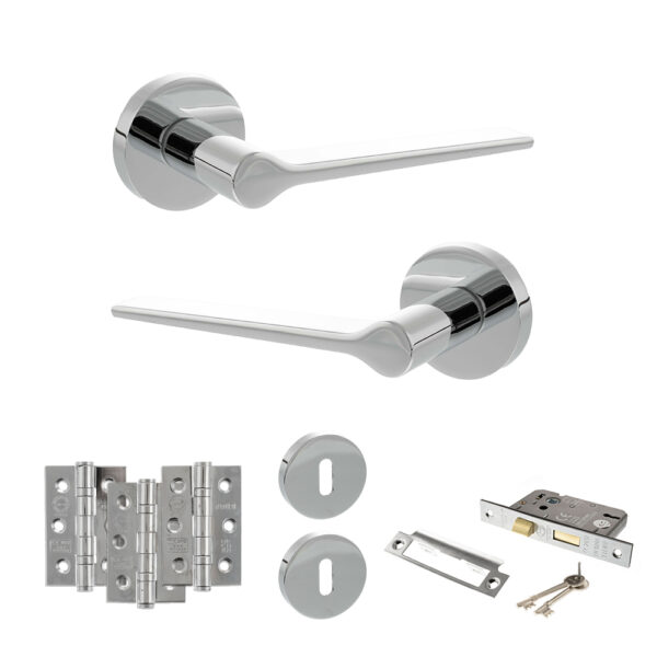 Atlantic Senza Pari Laviano Door Handle Pack (3 Lever Lock Set - 3" CE Sashlock, 3" Fire Rated Hinges x3) - Polished Chrome