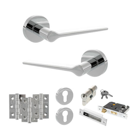 Atlantic Senza Pari Laviano Door Handle Pack (Euro Lock Set - 3" CE Sashlock, 3" Fire Rated Hinges x3) - Polished Chrome