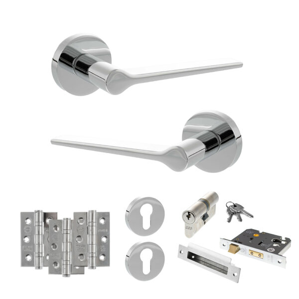 Atlantic Senza Pari Laviano Door Handle Pack (Euro Lock Set - 3" CE Sashlock, 3" Fire Rated Hinges x3) - Polished Chrome