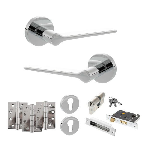Atlantic Senza Pari Laviano Door Handle Pack (Euro Lock Set - 2.5" CE Sashlock, 4" Fire Rated Hinges x3) - Polished Chrome