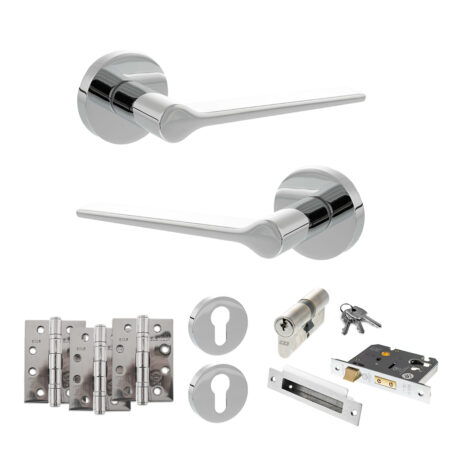Atlantic Senza Pari Laviano Door Handle Pack (Euro Lock Set - 3" CE Sashlock, 4" Fire Rated Hinges x3) - Polished Chrome
