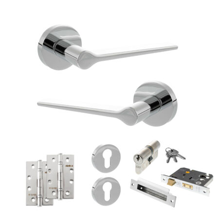 Atlantic Senza Pari Laviano Door Handle Pack (Euro Lock Set - 2.5" CE Sashlock, 4" Slim Knuckle Hinges x2) - Polished Chrome