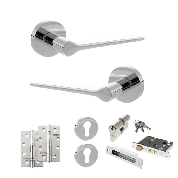 Atlantic Senza Pari Laviano Door Handle Pack (Euro Lock Set - 2.5" CE Sashlock, 4" Slim Knuckle Hinges x2) - Polished Chrome