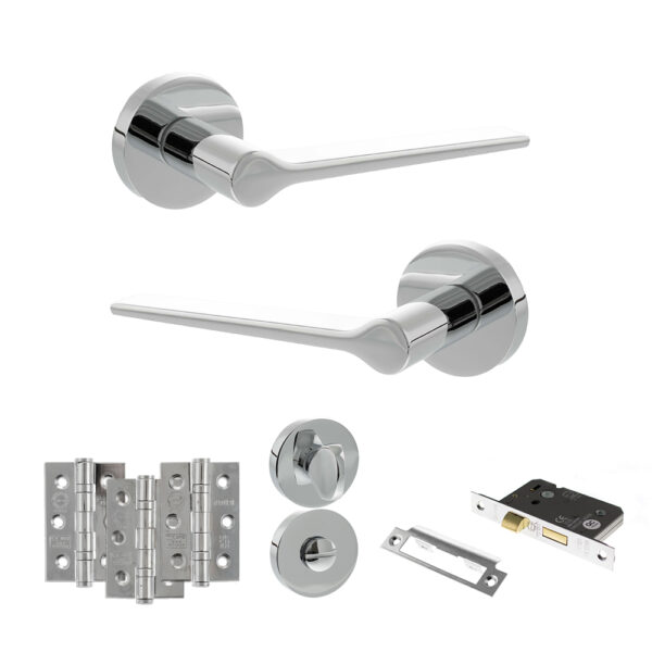 Atlantic Senza Pari Laviano Door Handle Pack (Bathroom Set - 2.5" CE Bathroom Lock, 3" Fire Rated Hinges x3) - Polished Chrome